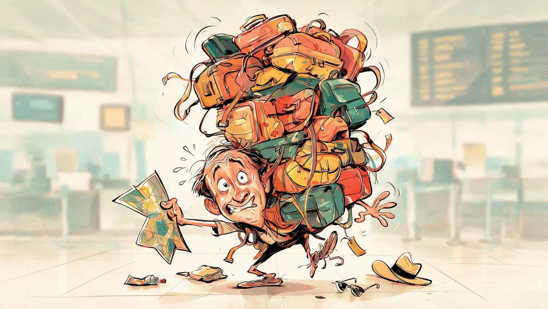 Caricature of a frazzled traveler staggering under a huge pile of luggage while reading an upside-down map, made with getimg.ai's AI caricature maker