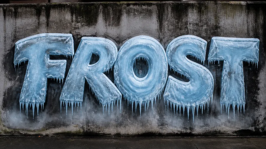Graffiti bubble letters spelling FROST with an icy, frozen look and icicles, created with getimg.ai