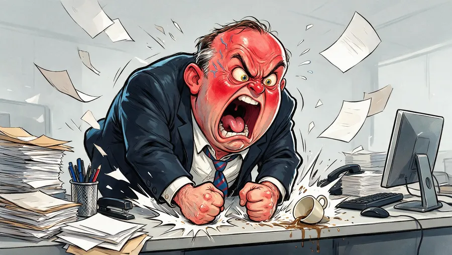 Color caricature of a furious red-faced boss slamming his fists on a cluttered desk as papers fly, generated with getimg.ai