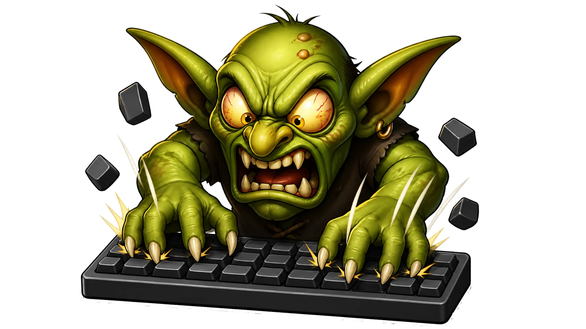 Custom emoji of a furious green goblin smashing a keyboard with keys flying off, in a detailed illustrated style. An angry keyboard-warrior emoji generated with getimg.ai's AI emoji maker.