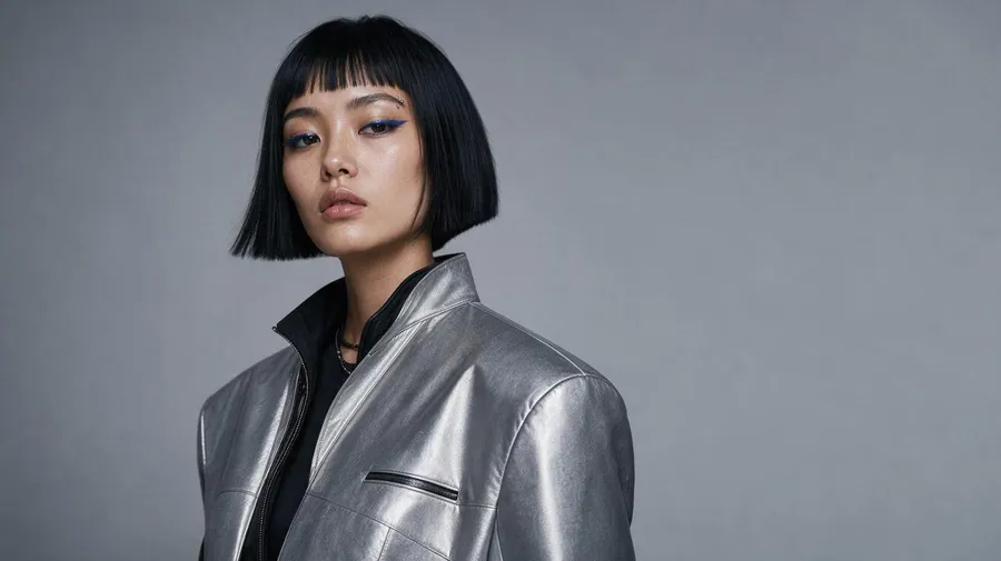 The AI character in silver outerwear inside a dark, blue-lit metallic room, an editorial campaign visual generated with getimg.ai.