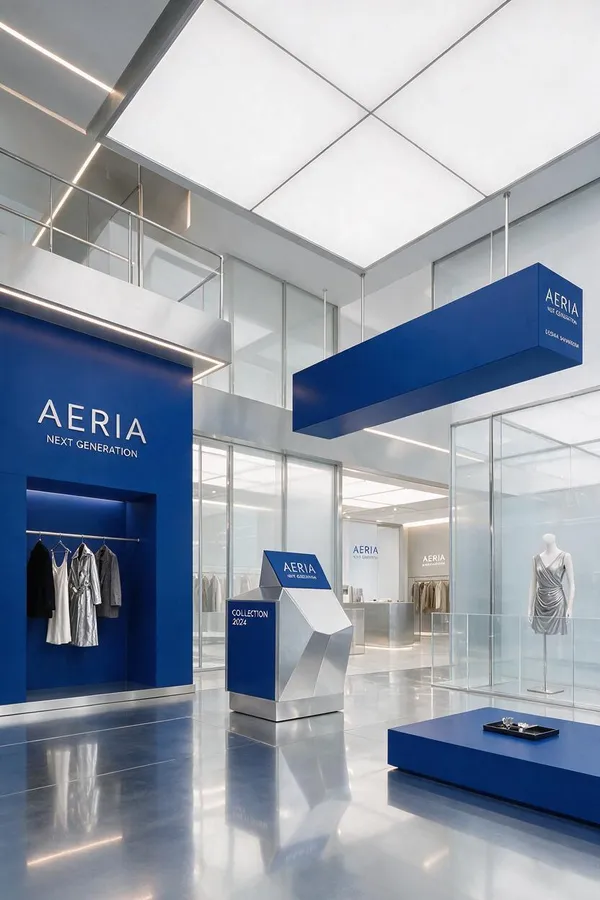 An AI-generated brand showroom in silver and cobalt blue, with clothing racks, a display plinth and signage reading AERIA, the campaign's brand world built in getimg.ai.