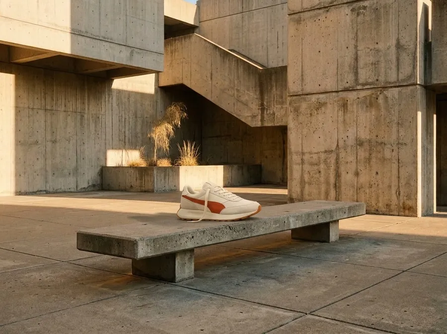 A single cream and burnt-orange sneaker with a gum sole placed on a concrete bench in a sunlit brutalist courtyard, its lighting, shadow and perspective matched to the scene. Used as the result image in the reference-guided generation comparison on the getimg.ai Nano Banana 2.1 model page, generated from a separate product reference and courtyard reference. Generated on getimg.ai with Nano Banana 2.1.