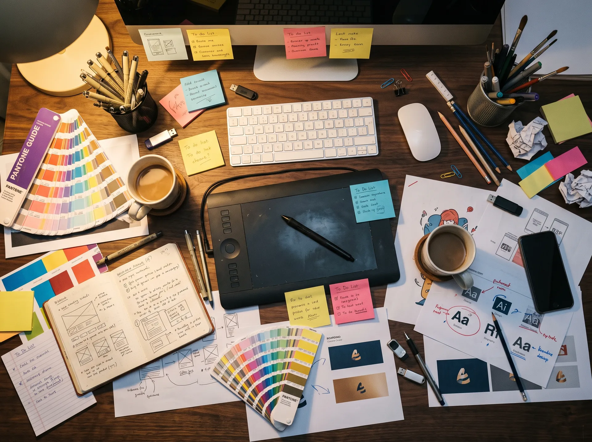 Overhead photograph of a cluttered designer's desk under warm lamp light: a graphics tablet and stylus, two Pantone fan decks, a wireframe sketchbook, printed logo proofs with red mark-ups, colour swatches, sticky-note to-do lists, pens, pencils and two coffee mugs. Used on the getimg.ai Nano Banana 2.1 model page to illustrate the manual editing pass that a single prompt replaces. Generated on getimg.ai with Nano Banana 2.1.