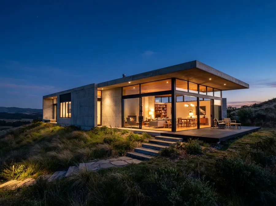 Dusk architectural photograph of a modernist concrete house with a deep cantilevered roof and a timber deck, lit interior showing a fireplace and bookshelves, tall grasses on the slope below and a star-flecked blue sky. Shown on the getimg.ai Nano Banana 2.1 model page as the Nano Banana family sample card, where the same architecture prompt was run through four models. Generated on getimg.ai with Nano Banana 2 Lite.