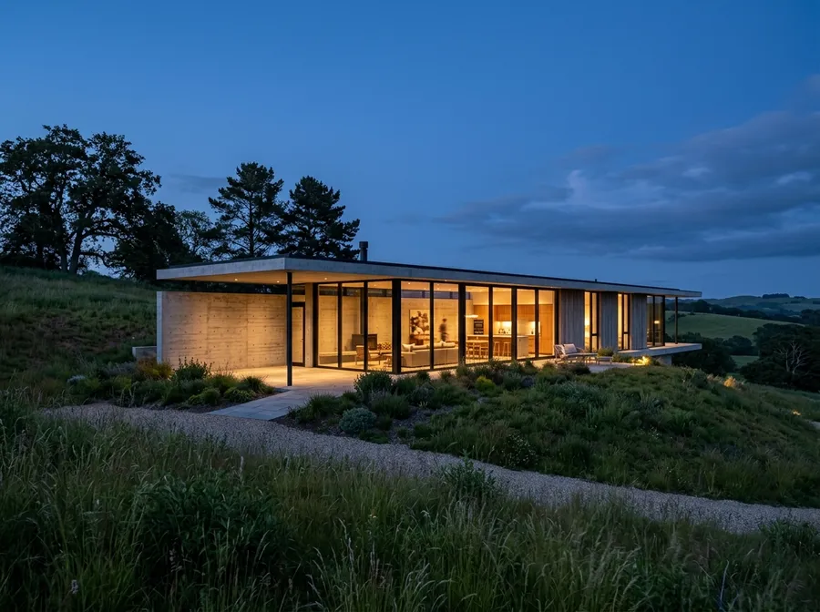 Dusk architectural photograph of a long single-storey concrete house set into a wildflower hillside, black-framed glass walls lit warm from inside, gravel path and planted bank in the foreground, deep blue evening sky. Shown on the getimg.ai Nano Banana 2.1 model page as the Nano Banana family sample card, where the same architecture prompt was run through four models. Generated on getimg.ai with Nano Banana 2.