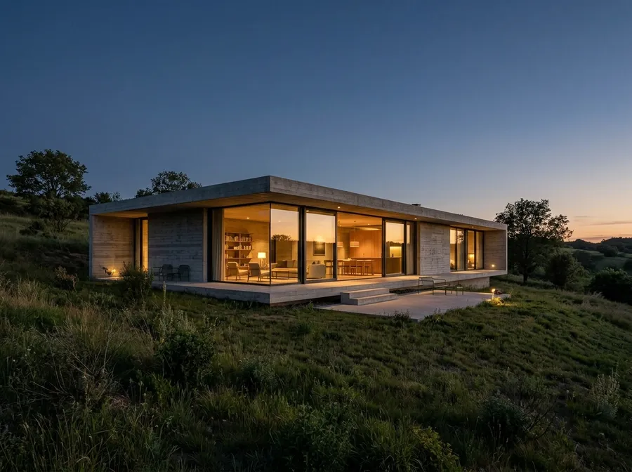 Dusk architectural photograph of a low single-storey modernist concrete house on a grassy hill, warm interior lighting glowing through full-height glass walls onto a concrete terrace, deep blue twilight sky overhead. Shown on the getimg.ai Nano Banana 2.1 model page as the Nano Banana family sample card, where the same architecture prompt was run through four models. Generated on getimg.ai with Nano Banana 2.1.