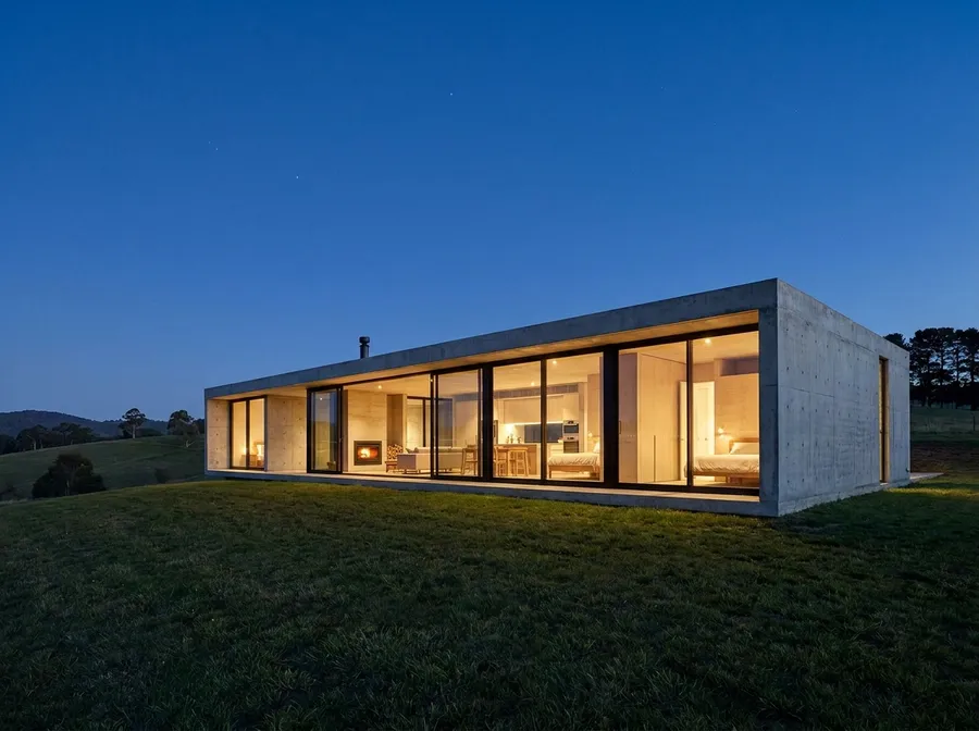 Dusk architectural photograph of a long rectangular board-formed concrete house on a mown lawn, a continuous run of glazing revealing a lit kitchen, living room and bedroom, dark blue sky and distant hills. Shown on the getimg.ai Nano Banana 2.1 model page as the Nano Banana family sample card, where the same architecture prompt was run through four models. Generated on getimg.ai with Nano Banana Pro.