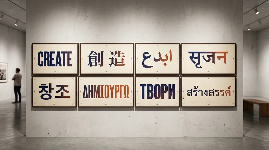The word create set in eight writing systems on paper