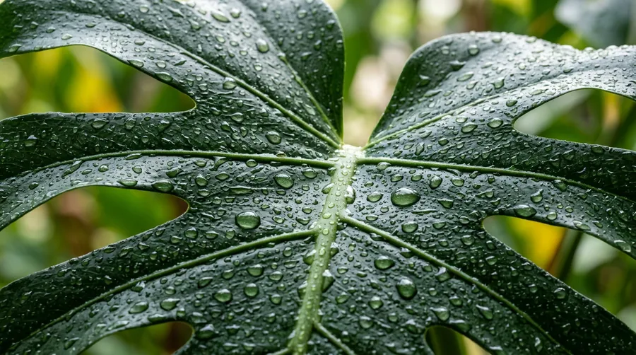High-resolution macro of a dewy monstera leaf