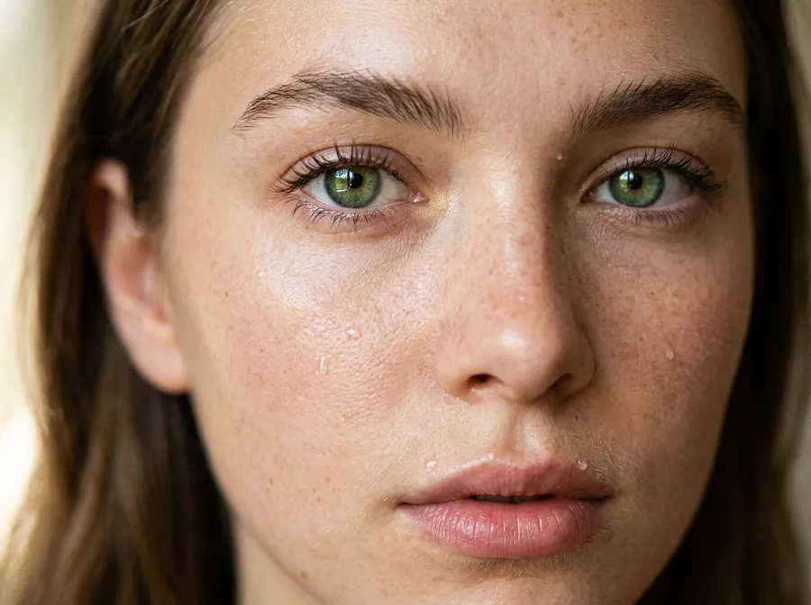 Close-up beauty portrait of a young woman with freckled skin