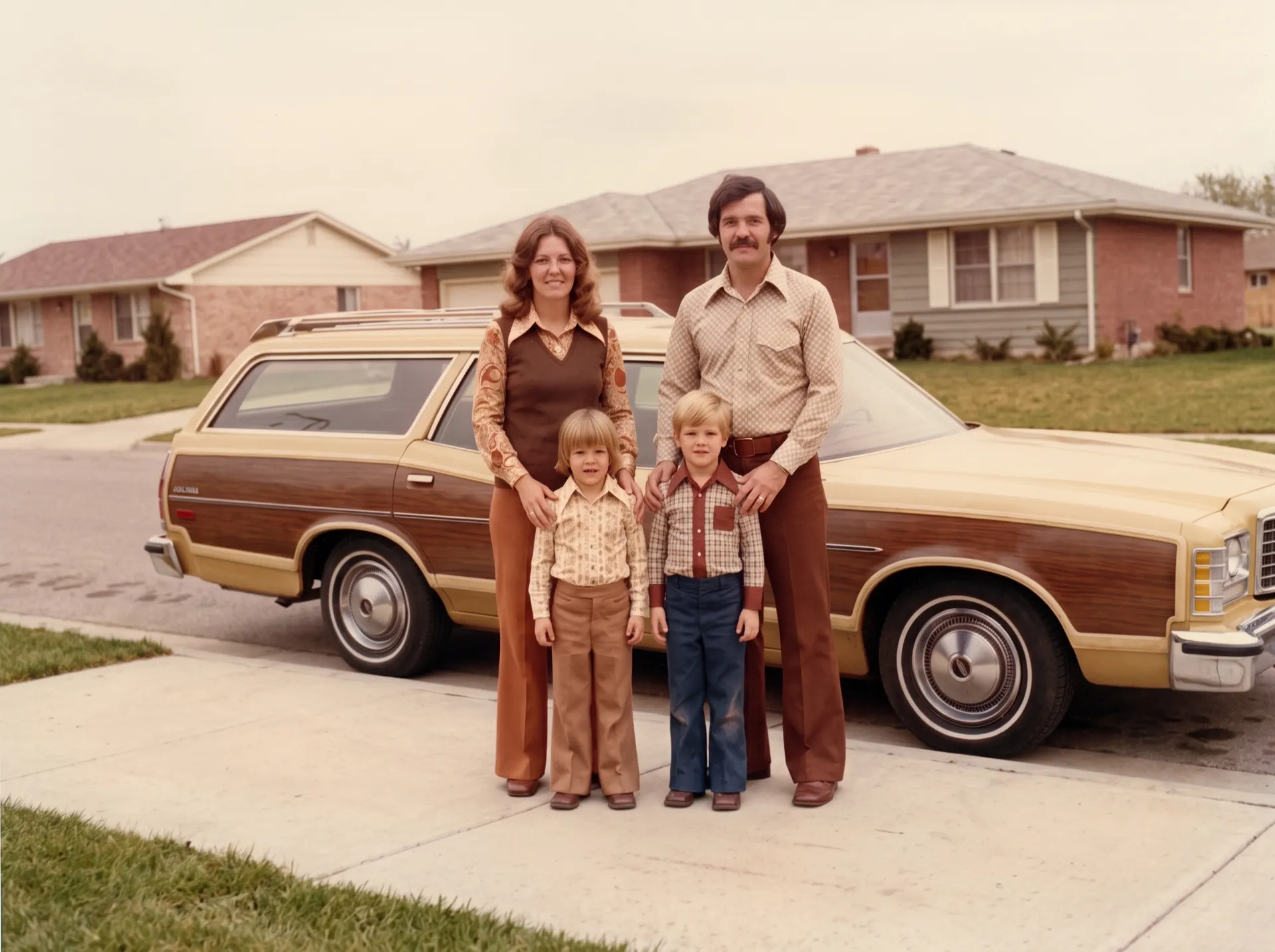 The restored version of a 1970s family snapshot: two adults and two children in period clothing in front of a wood-panelled station wagon on a suburban driveway, with the creases, scratches, stains and torn corner repaired and natural colour and contrast recovered. Used as the after image in the photo restoration comparison on the getimg.ai Nano Banana 2.1 model page, edited from the damaged original. Generated on getimg.ai with Nano Banana 2.1.