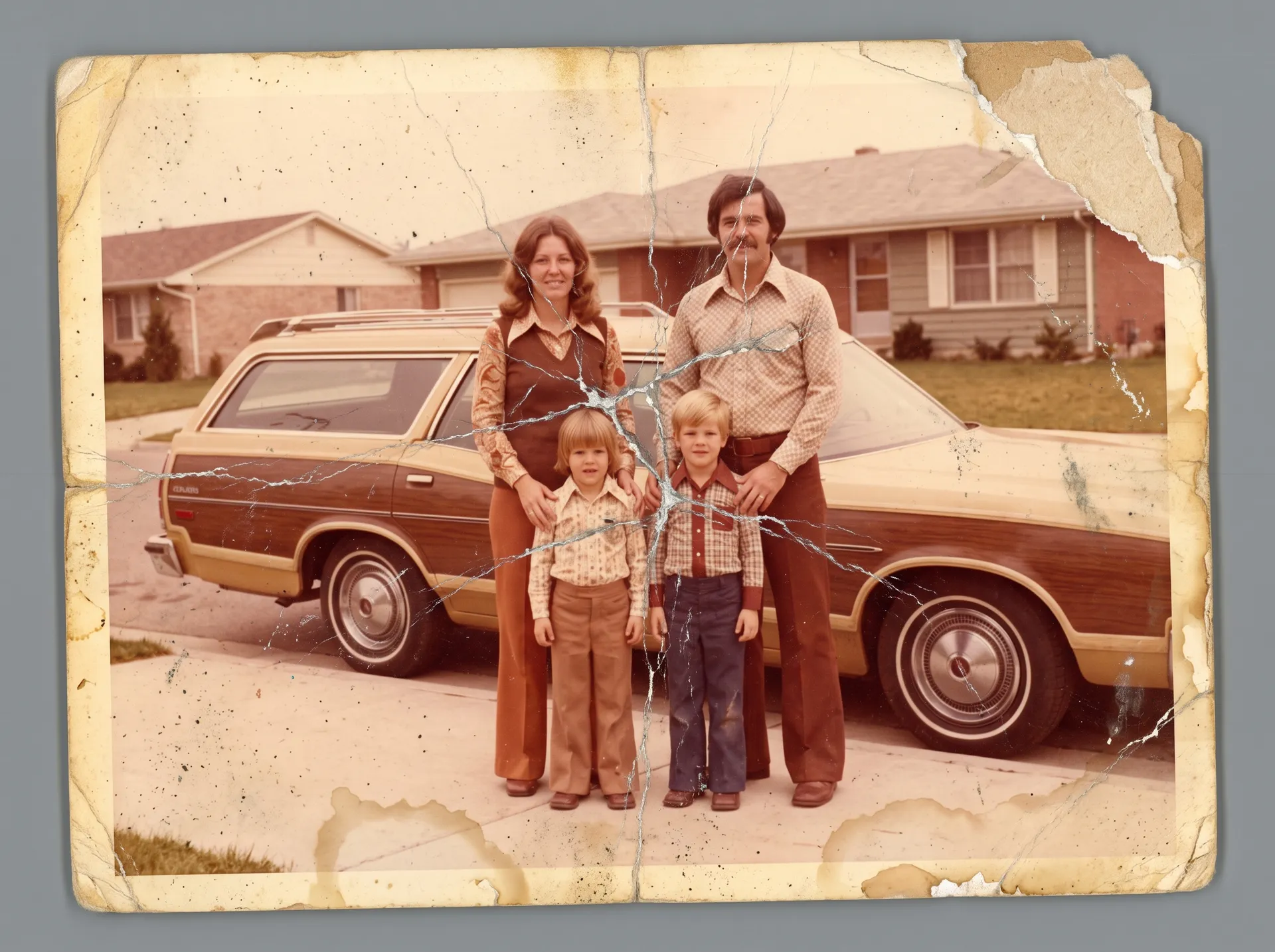 A damaged 1970s colour snapshot of a family of four standing in front of a wood-panelled station wagon on a suburban driveway, the print covered in deep white creases, surface scratches, water stains, dust and a torn top-right corner, with colours faded towards orange. Used as the before image in the photo restoration comparison on the getimg.ai Nano Banana 2.1 model page. Generated on getimg.ai with Nano Banana 2.1.