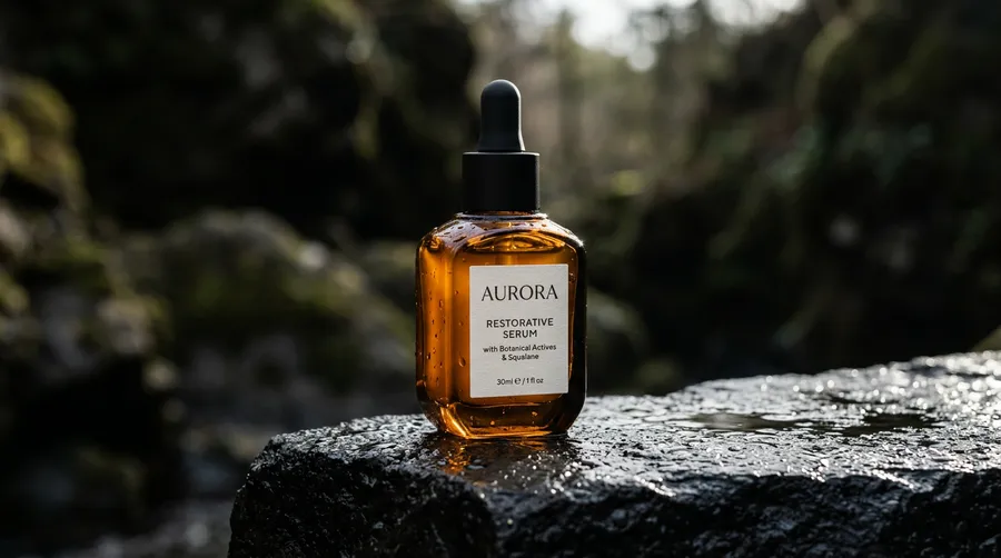 Amber serum bottle on wet black stone with side light