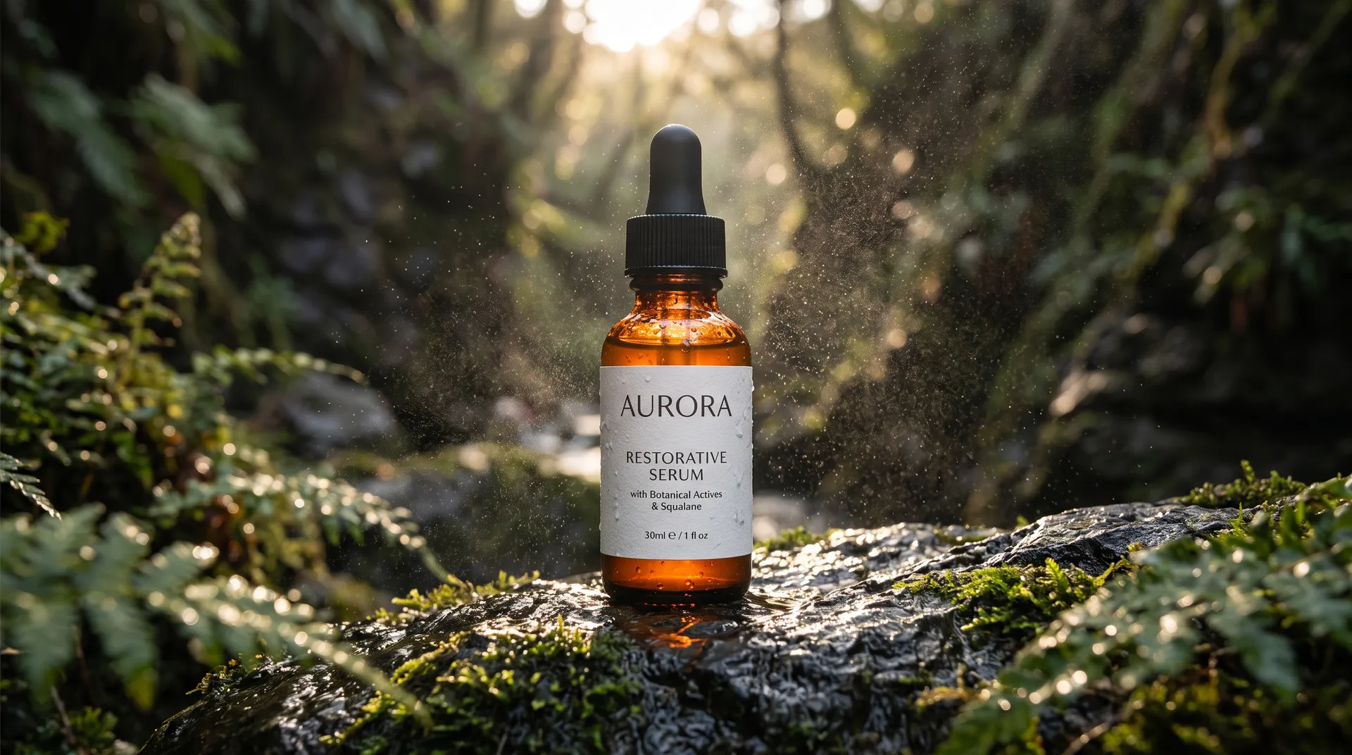 Product photograph of an amber glass dropper bottle with a matte black cap standing on a wet mossy rock in a fern-filled ravine, backlit by low sun with fine spray drifting through the air. The white label reads AURORA at the top, RESTORATIVE SERUM below it, then with Botanical Actives & Squalane, and 30ml e / 1 fl oz at the foot. Shown on the getimg.ai Nano Banana 2.1 model page as the product and ad mockups use case. Generated on getimg.ai with Nano Banana 2.1.