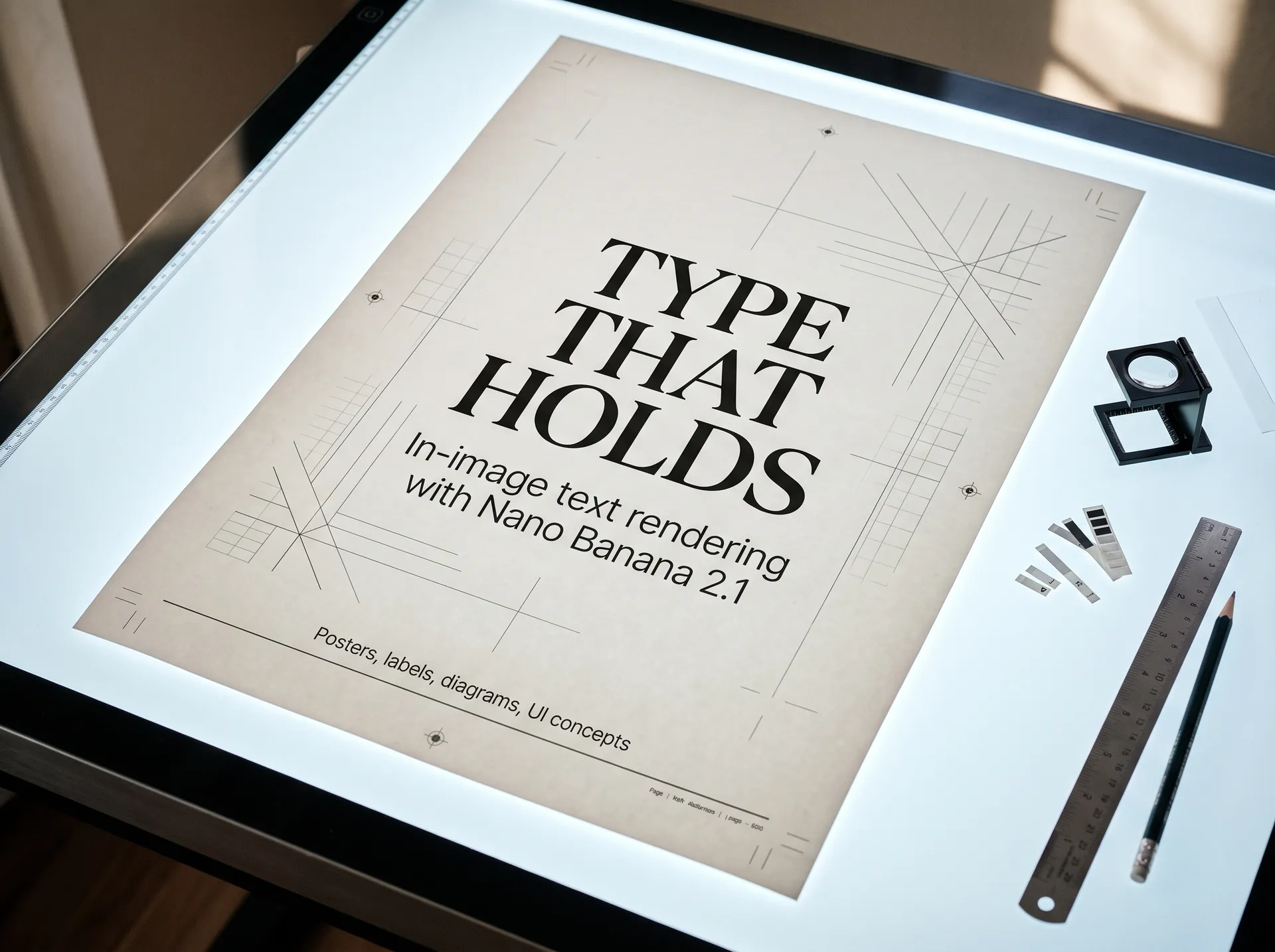 Photograph of a printed editorial poster lying on a lightbox with a loupe, steel ruler, pencil and registration strips beside it. The poster reads TYPE THAT HOLDS in a large serif, with the subhead In-image text rendering with Nano Banana 2.1 and a bottom line reading Posters, labels, diagrams, UI concepts over faint construction grid lines. Used on the getimg.ai Nano Banana 2.1 model page to open the text rendering section. Generated on getimg.ai with Nano Banana 2.1.