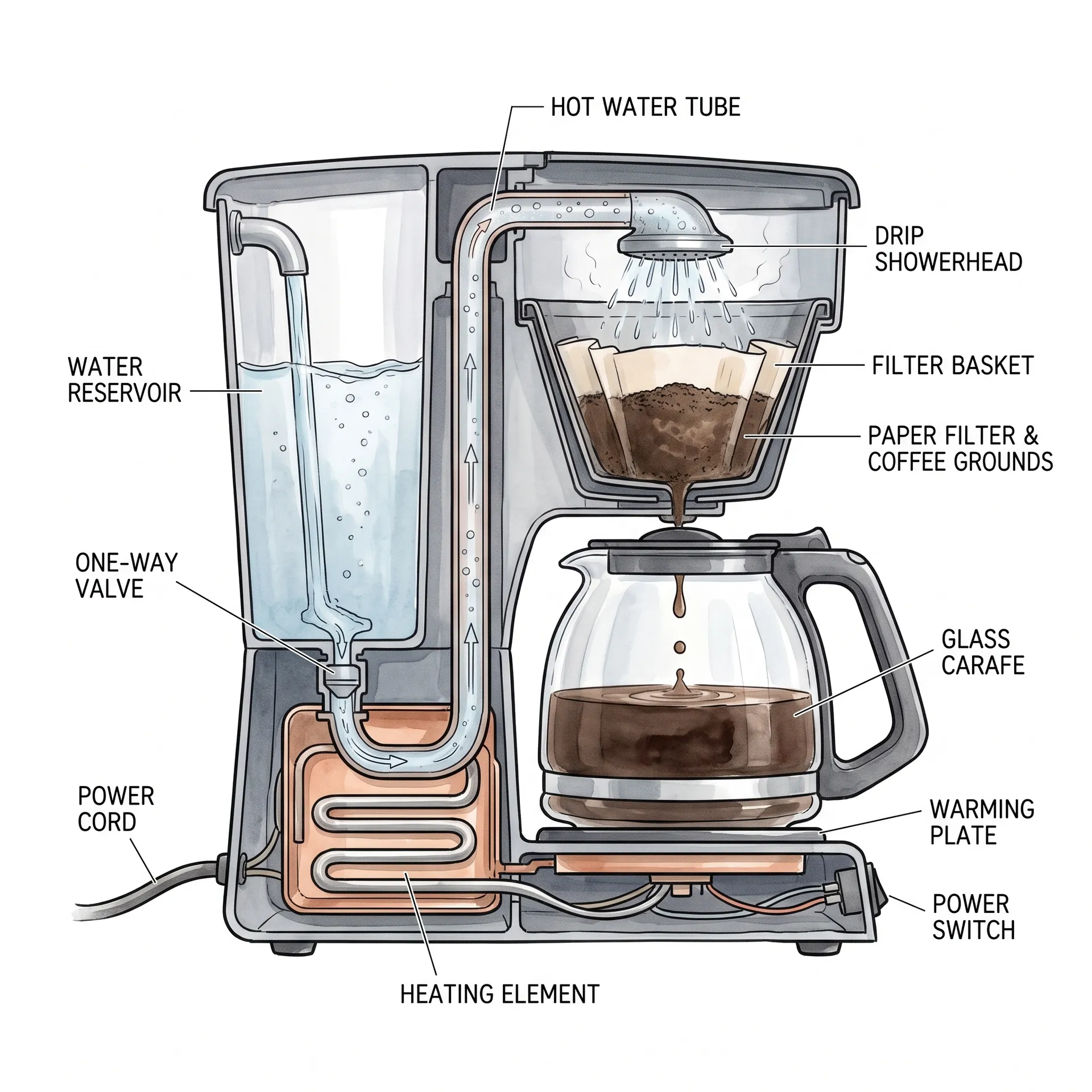Technical cutaway illustration of a filter coffee brewer on a white ground, with leader lines labelling the water reservoir, one-way valve, heating element, hot water tube, drip showerhead, filter basket, paper filter and coffee grounds, glass carafe, warming plate, power switch and power cord. Used on the getimg.ai Nano Banana 2.1 model page to show world knowledge and structured diagram layout. Generated on getimg.ai with Nano Banana 2.1.