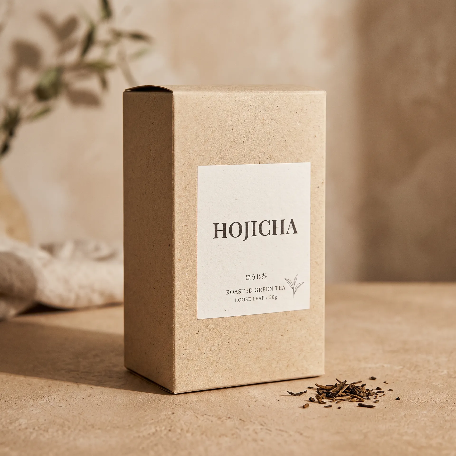 Product photograph of a kraft paper tea box on a warm plaster surface with loose roasted tea leaves scattered beside it, carrying a cream label reading HOJICHA with Japanese characters below and the lines ROASTED GREEN TEA and LOOSE LEAF / 50g. Used on the getimg.ai Nano Banana 2.1 model page to show packaging mockups and label text. Generated on getimg.ai with Nano Banana 2.1.