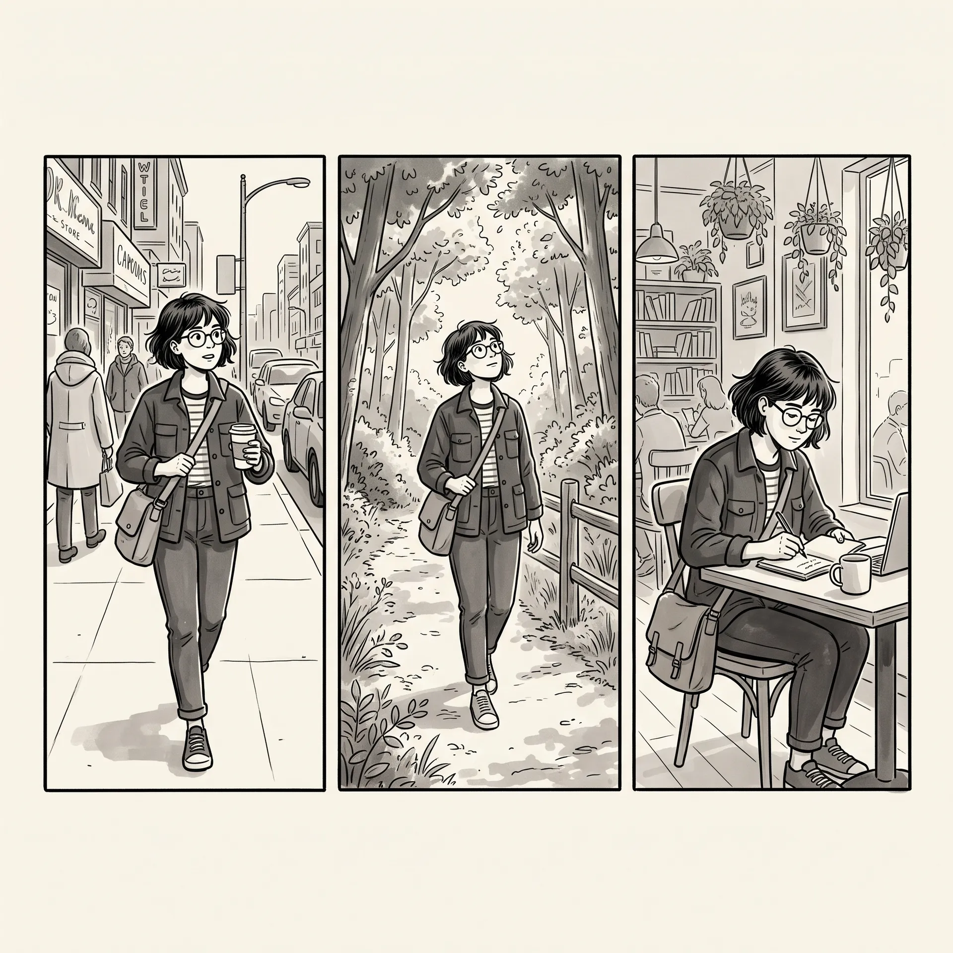 Three-panel monochrome line-art storyboard showing the same short-haired character in round glasses, a striped top and a utility jacket with a crossbody bag: walking a city street with a coffee cup, walking a wooded path, then writing at a cafe table. Used on the getimg.ai Nano Banana 2.1 model page to show subject consistency across a series. Generated on getimg.ai with Nano Banana 2.1.