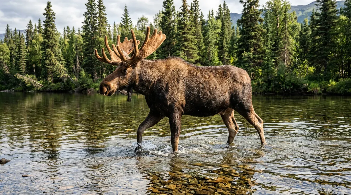 Alaskan moose with velvet antlers mid-stream in a boreal river, AI stock deer species image.