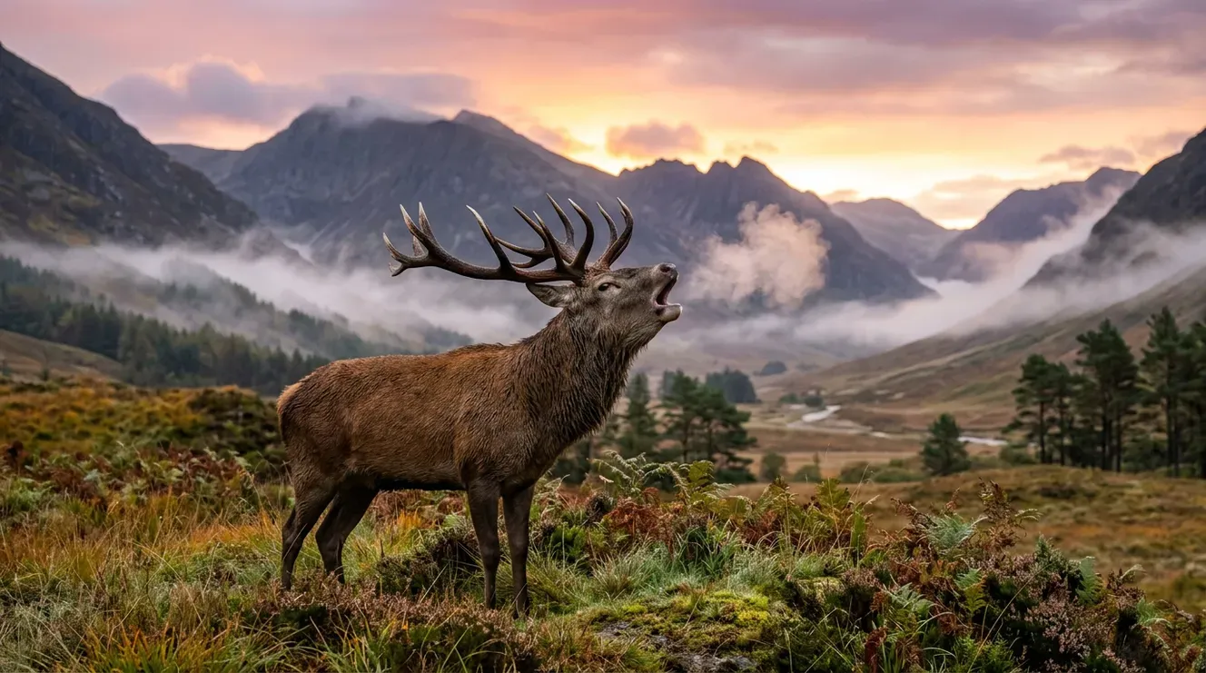 Scottish red stag bugling on a glen at autumn dawn, AI stock deer picture.
