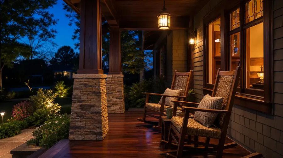 Craftsman front porch at dusk with rocking chairs — AI-generated house image.