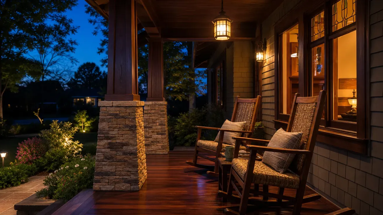 Craftsman front porch at dusk with rocking chairs — AI-generated house image.