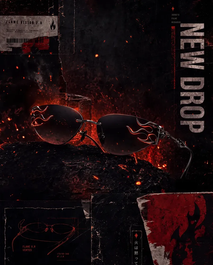 image generated on getimg.ai, marketing/social media image showing a pair of unique sunglasses, Y2K dark aesthetic