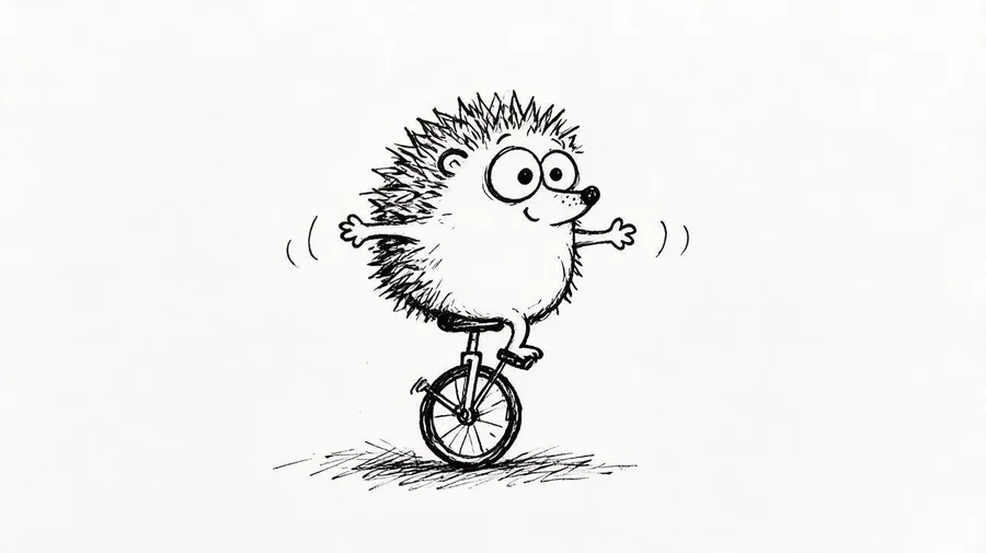 Hand-drawn doodle of a happy hedgehog balancing on a unicycle with its arms out, generated with the getimg.ai AI doodle generator