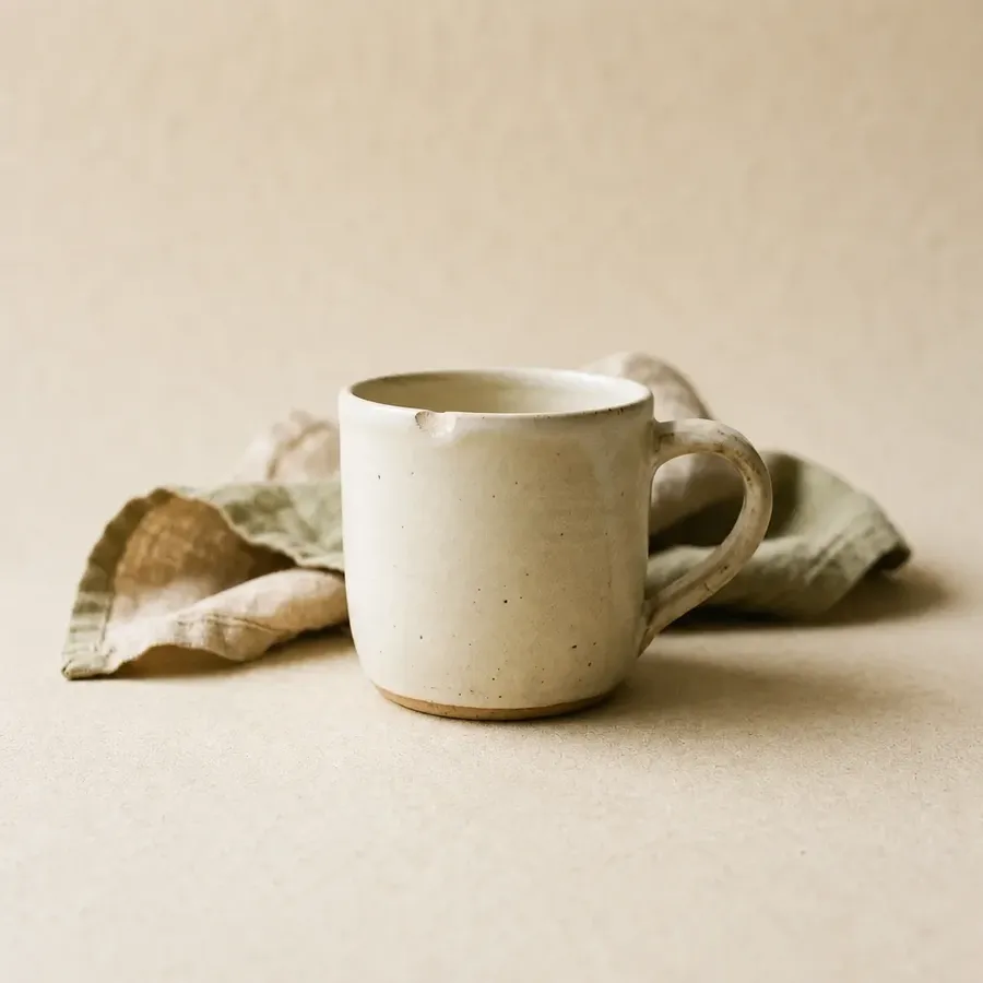 Cream-paper catalog photo of a handmade matte ceramic mug with subtle texture