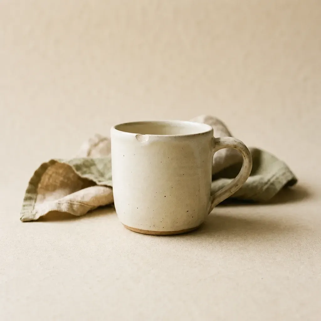 Cream-paper catalog photo of a handmade matte ceramic mug with subtle texture