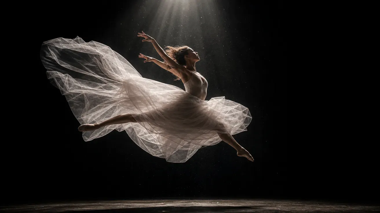 Contemporary dancer mid-leap on a dark stage under a single spotlight — AI-generated dancing image.