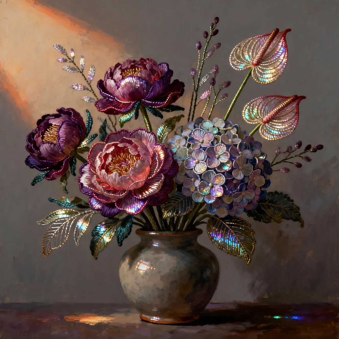 gouache stitched threads metallic ai painting prompt