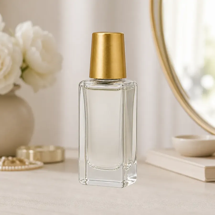 unbranded glass perfume bottle with a gold cap, placed on a natural wood or linen surface in a softly lit bedroom/vanity setting, no shadow beneath it at all, bottle appears to float slightly above the surface, generated on getimg.ai