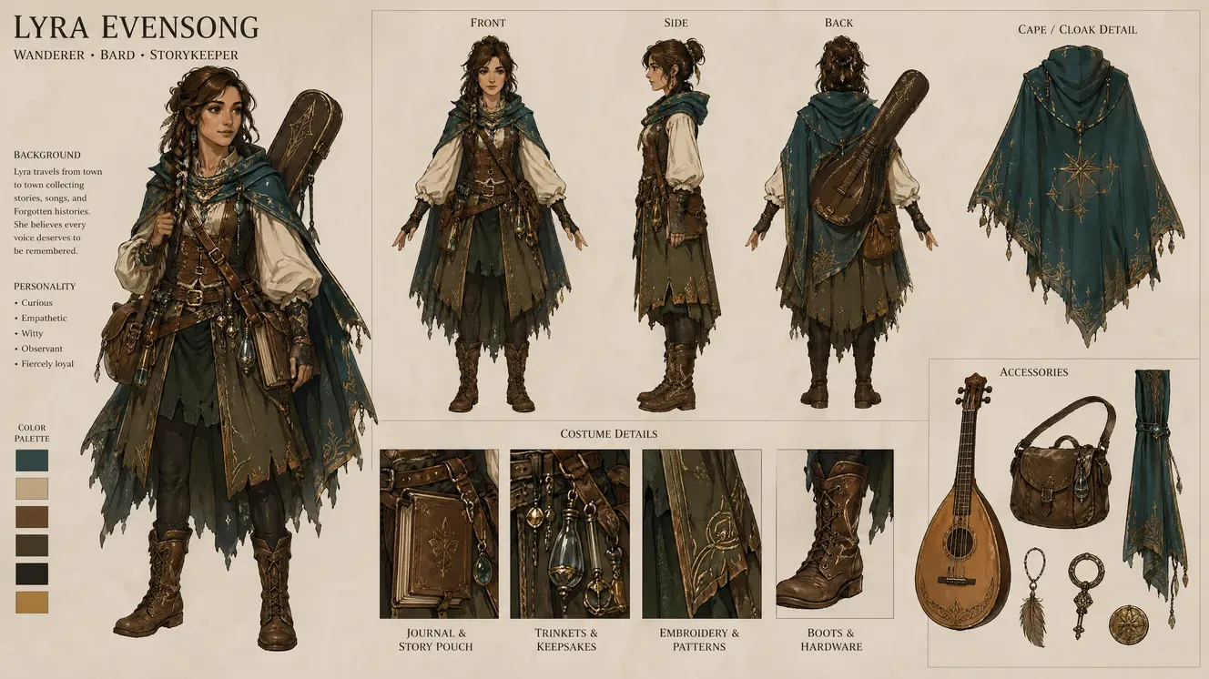 Steampunk airship captain costume concept sheet with brass goggles and fabric swatches