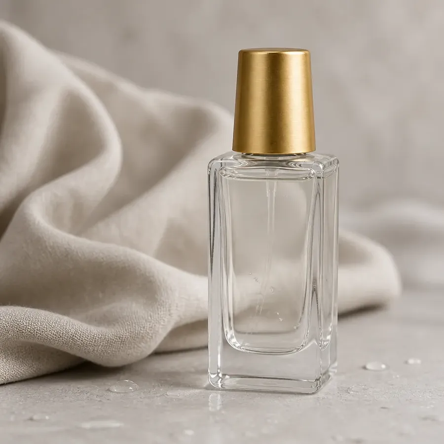 unbranded glass perfume bottle with a gold cap, subtle natural surface imperfections on the glass such as faint dust traces, nearby fabric with realistic natural folds, a few small irregular water droplets on the surface varying in shape, reflections with natural variation rather than perfect uniformity, imperfections subtle and not distracting, realistic product photography, getimg.ai-generated image