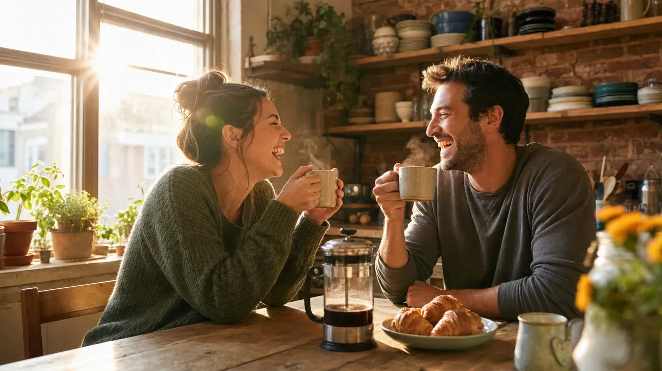 couple laughing over coffee at a Brooklyn kitchen table on Sunday morning, AI love stock photo.