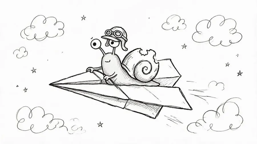 Doodle of a goggle-wearing snail riding a paper airplane through the clouds and stars, created with the getimg.ai AI doodle generator