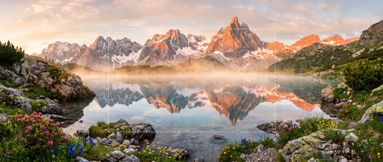 A polished landscape photograph of an alpine lake at sunrise with a faint dashed rectangle marking the original tighter crop area inside the outpainted wider scene
