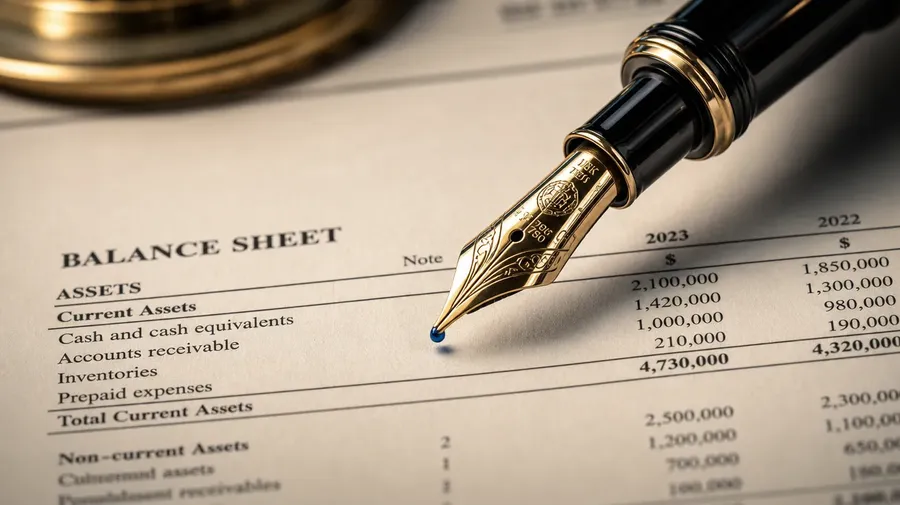 Macro close-up of a fountain pen resting on a printed balance sheet, AI-generated finance images stock.