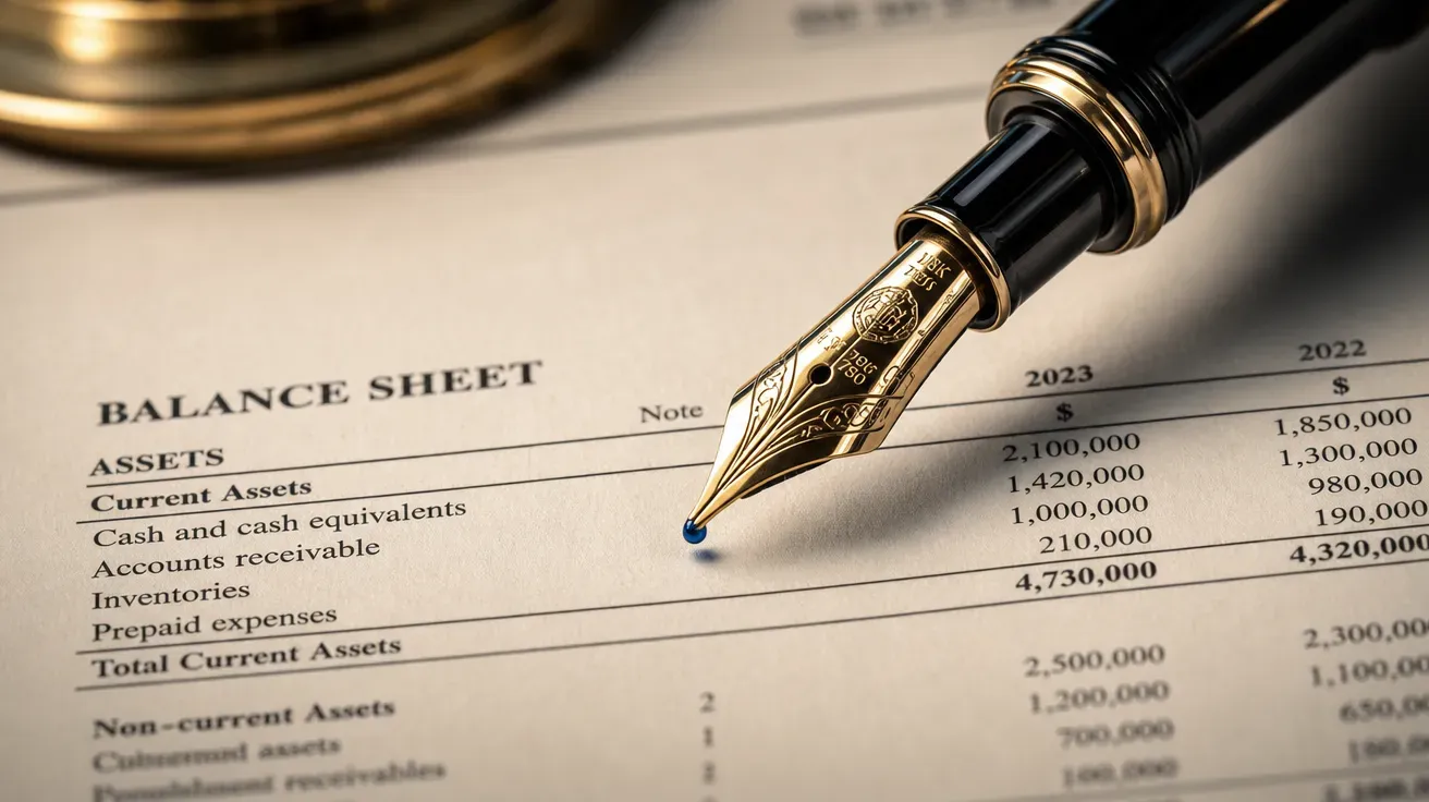 Macro close-up of a fountain pen resting on a printed balance sheet, AI-generated finance images stock.