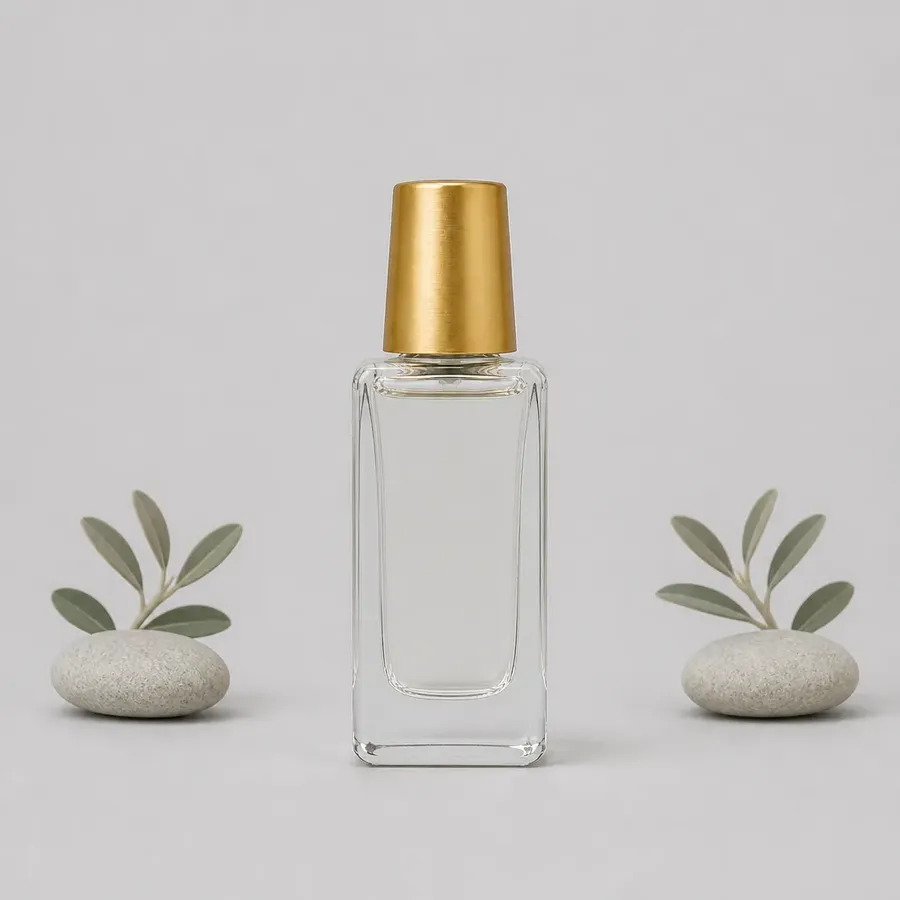 unbranded glass perfume bottle with a gold cap, perfectly centered in the frame, small props evenly and symmetrically spaced on both sides, nothing overlapping, mathematically perfect and rigid composition, sterile e-commerce look, created with AI on getimg.ai