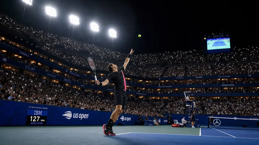 US Open night session serve at Arthur Ashe under tower lights, AI-generated tennis stock photo.