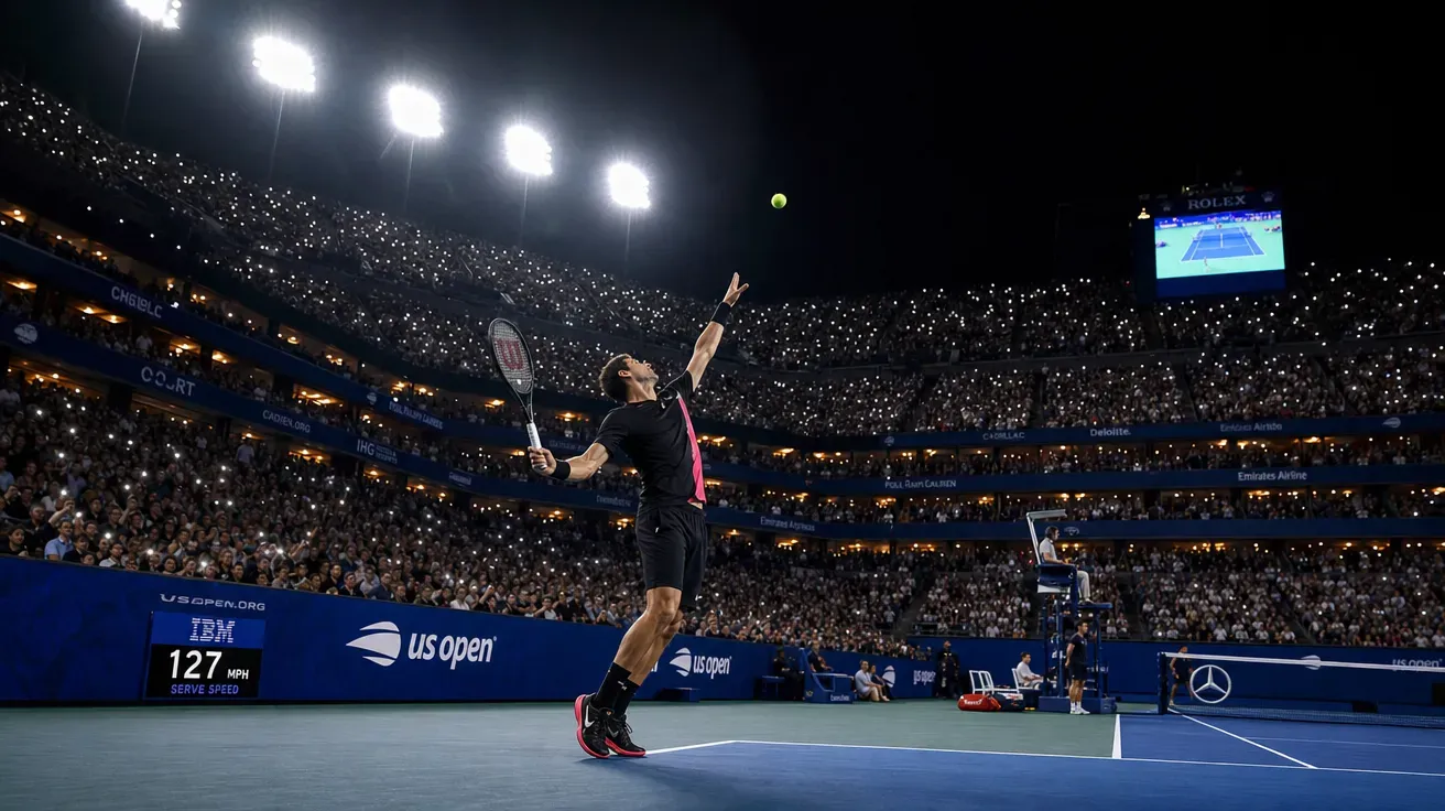 US Open night session serve at Arthur Ashe under tower lights, AI-generated tennis stock photo.