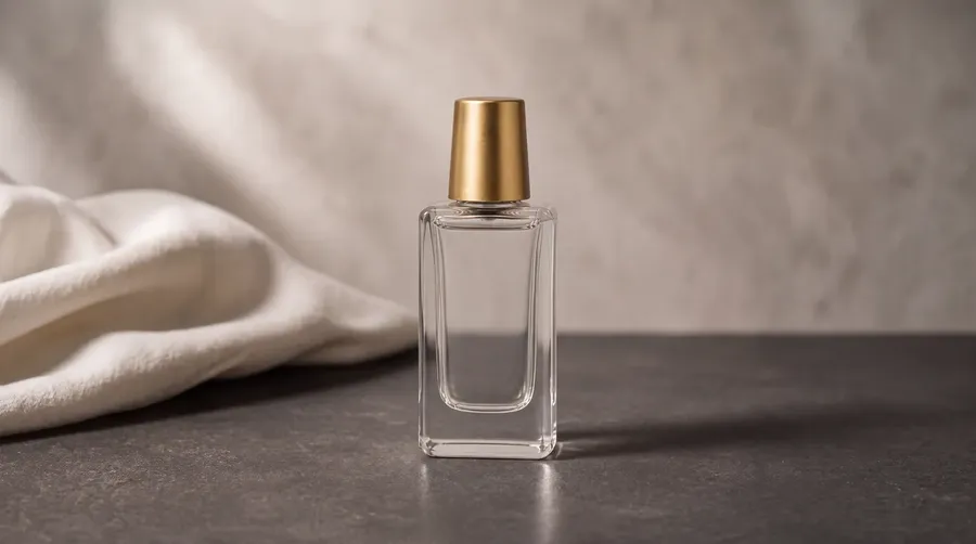 unbranded glass perfume bottle with a gold cap, dark matte stone surface with subtle natural texture, soft daylight from the left creating a consistent natural shadow to the right, subtle contact shadow directly beneath the bottle, slightly imperfect glass reflection, natural fabric fold entering from the frame edge, photographed from product level with a medium telephoto lens, shallow but recognizable depth of field, realistic and campaign-ready, 4:5, generated on getimg.ai, guide to making ai product photos look real