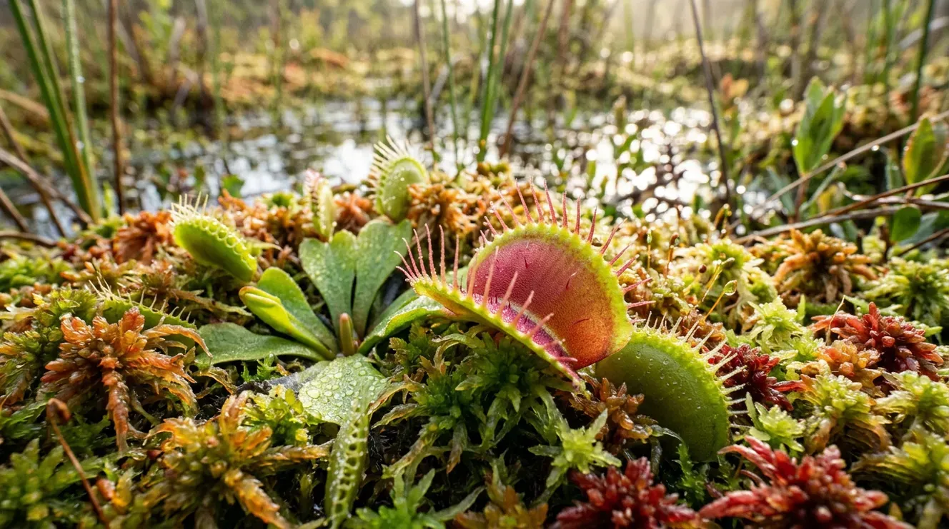 Venus flytrap on a sphagnum bog mat, AI-generated plant images.