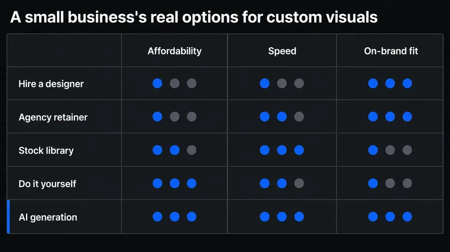 flat vector infographic, title at the top: "A small business's real options for custom visuals”, body is a comparison table filling the frame: five option rows and three columns headed "Affordability", "Speed", "On-brand fit”, each cell holds a three-dot rating where more accent-blue filled dots mean stronger on that measure, rows and honest ratings (filled dots out of three): "Hire a designer" Affordability 1, Speed 1, Fit 3; "Agency retainer" Affordability 1, Speed 2, Fit 3; "Stock library" Affordability 2, Speed 3, Fit 1; "Do it yourself" Affordability 3, Speed 2, Fit 1; "AI generation" Affordability 3, Speed 3, Fit 3, generated on getimg.ai
