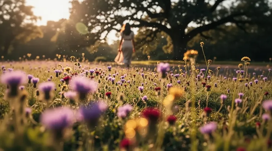 Woman walking through a golden-hour meadow of purple, red and yellow wildflowers under a large tree, created with the getimg.ai AI image generator.