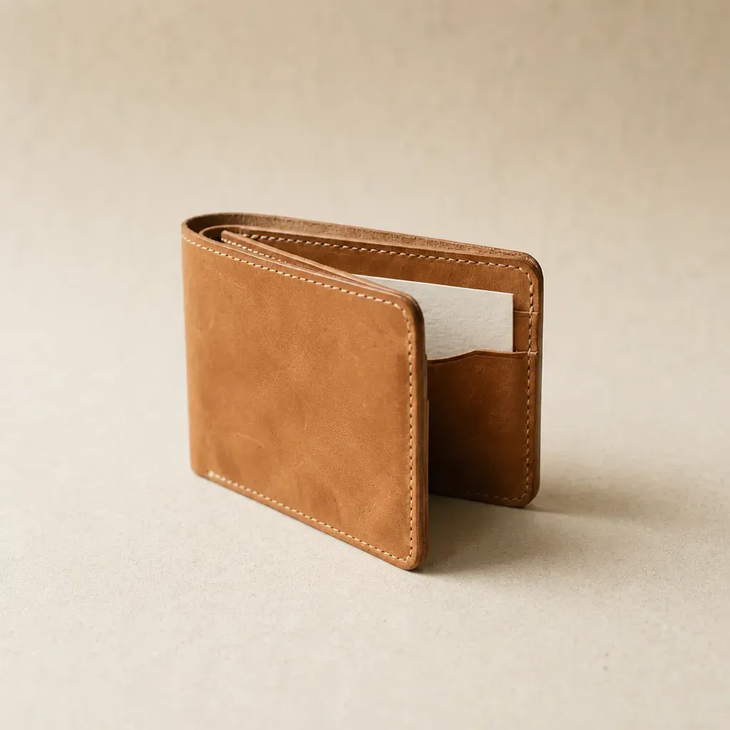 Cream-paper catalog photo of a tan vegetable-tanned leather bifold wallet, slightly open