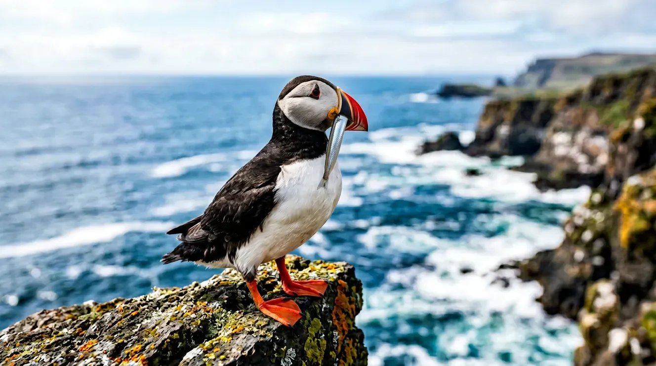 AI stock nature image of a male Atlantic puffin in breeding plumage with sand eels in its beak on a coastal cliff.
